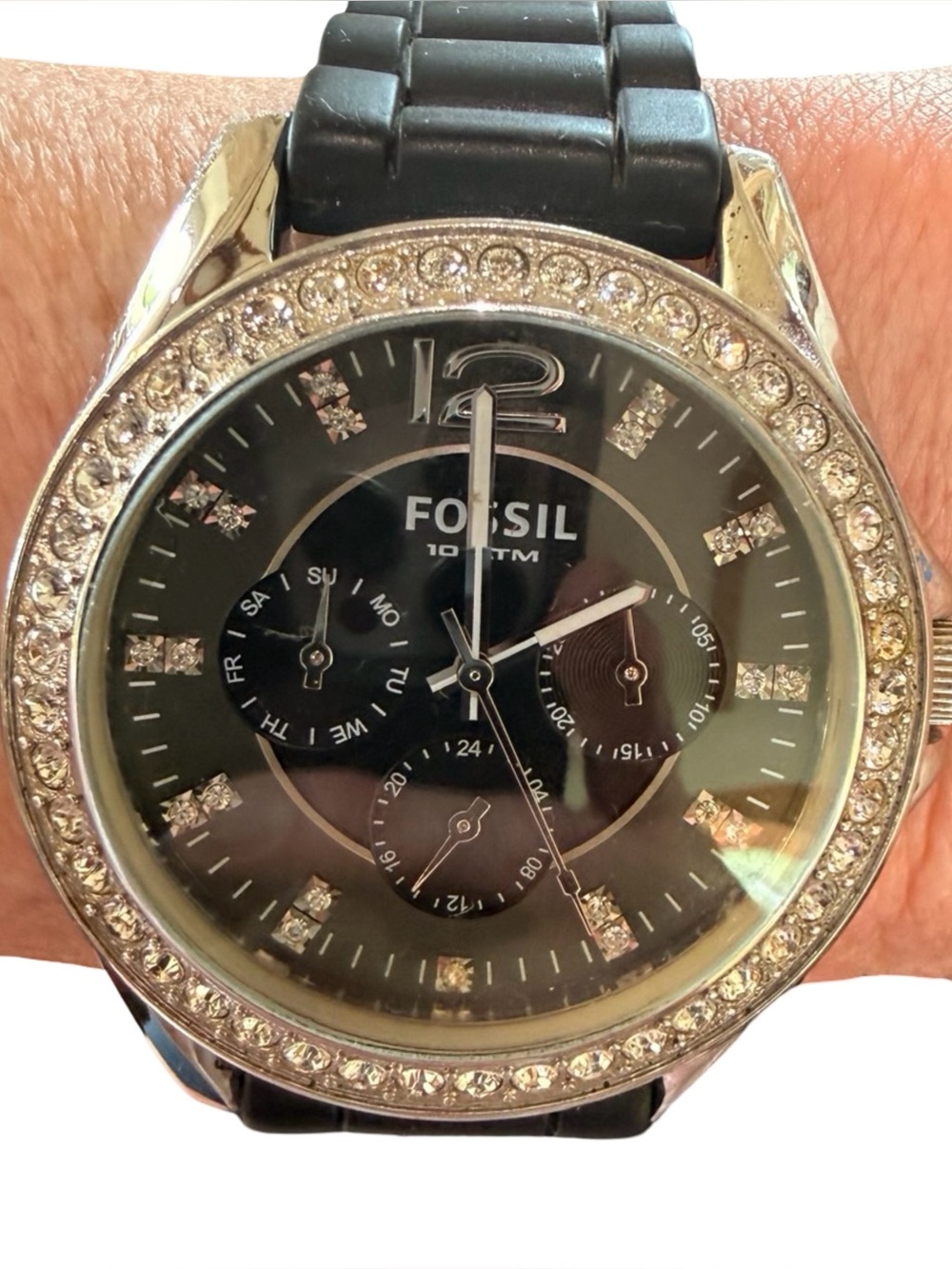 Women’s Fossil Riley ES2345 Black Silicone Band Multifunction Watch new battery